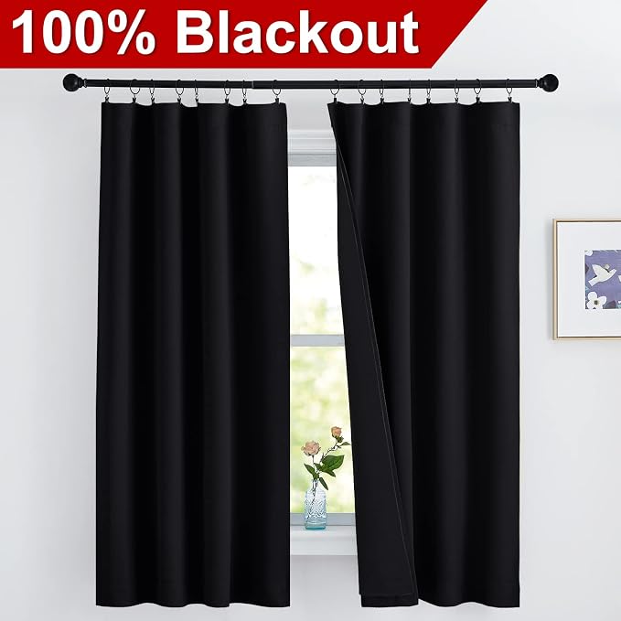 NICETOWN Complete 100% Blackout Curtains, Thermal Insulated & Energy Efficiency Window Draperies with Black Liner, Noise Reducing Drapes, Kids (Black, 42 inches W by 63 inches L, Double Panels,Adult)