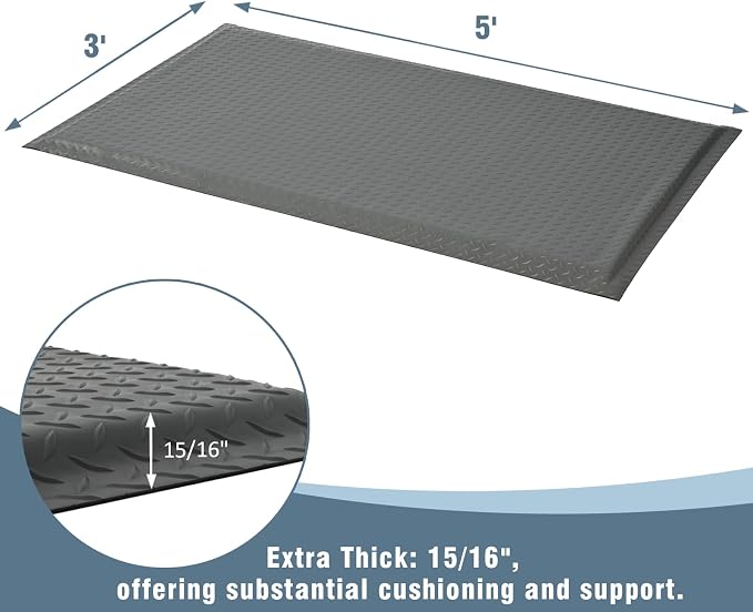 Anti Fatigue Mats Industrial 3' x 5' 15/16" Thick Ergonomic Standing Mat Commercial Kitchen Mat Heavy Duty Diamond Plate Shop Floor Mat Helps Relieve Back and Leg Soreness, Grey
