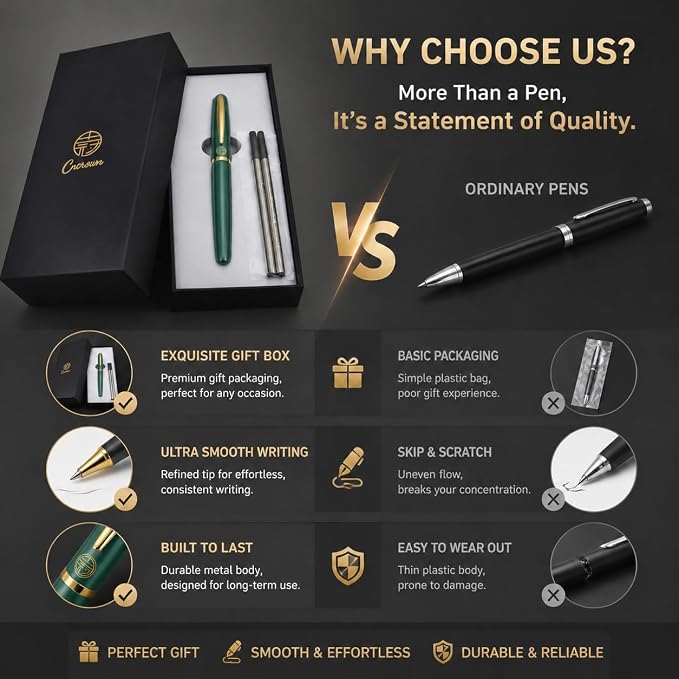 Luxury Gold Rollerball Pen, 24K gold-plated exquisite pen body, stylish and simple design, two ink refills, gift set for men and women, executive writing, office, graduation gift (Green)