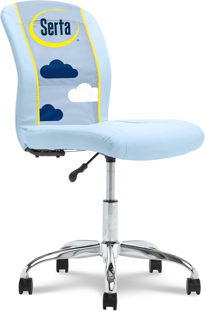 Serta Armless Small Home Desk Chair with Wheel, Ergonomic Mesh Office Chair | Leather and Foam Cusioned Seat, Adjustable Height, Small Vanity Chair for Bedroom and Small Spaces, 360° Swivels, Sky Blue