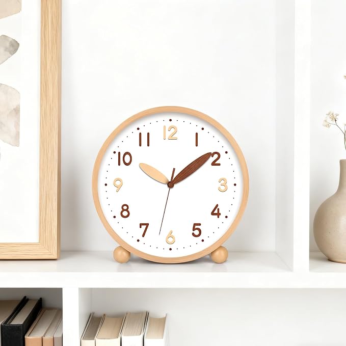 Maxspace Wooden Table Clock,8in Silent Non-Ticking Desk Clock,Battery Operated Desktop Analog Clock for Living Room Bedroom Kitchen Office Classroom Decor (Log - Double Wood Font)
