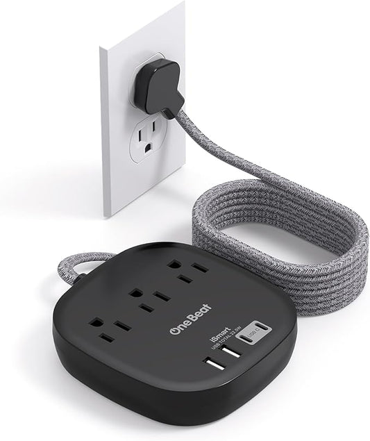 Flat Plug Power Strip, 5ft Ultra Flat Extension Cord - 3 Outlets 4 USB Ports (2 USB C) 22.5W/4.5A Desktop Charging Station, No Surge Protection for Cruise Ship, Dorm Room Travel Essentials