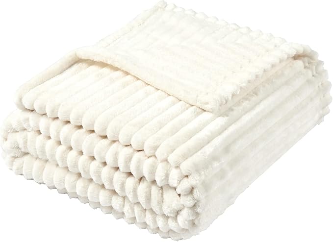 Vessia Flannel Fleece Throw Blanket for Couch, Sofa, Bed, 300GSM Microfiber Cream Striped Chair Blanket, Super Soft Warm Cozy Lightweight Ribbed Throw for All-Season