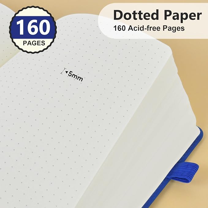PERCUN Dotted Journal Notebook for Men & Women, 160 Pages Dot Grid notebook, A5 Hardcover Leather Bullet Journaling for Writing, Work, School, Travel, Daily Diary 5.9" x 8.5" (Navy)