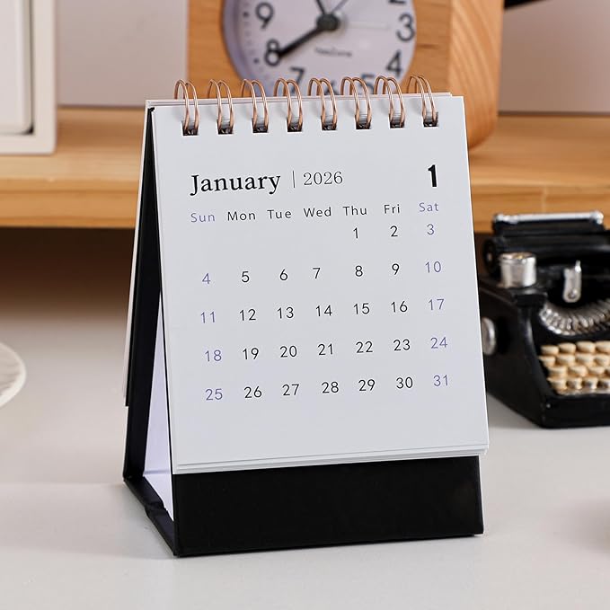 Mini Desk Calendar 2026, Standing Flip Small Desk Calendar- Jan 2026 to Jun 2027 Monthly Desktop Calendar- Thick Paper Twin-Wire Binding for Home or Office (Black)