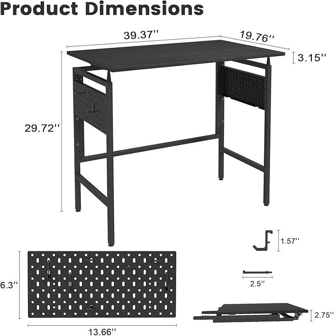 Hadulcet Folding Desk, Small Foldable Desk 40" for Small Spaces, Space Saving Computer Table with 2 Movable Pegboard Panels, Easy Assembly for RV & Study Room & Office, Black