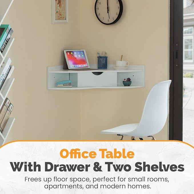 Basicwise White Heart Shaped Wall Mounted Office Table with Drawer and Two Shelves Computer Writing Corner Desk QI004024.WT