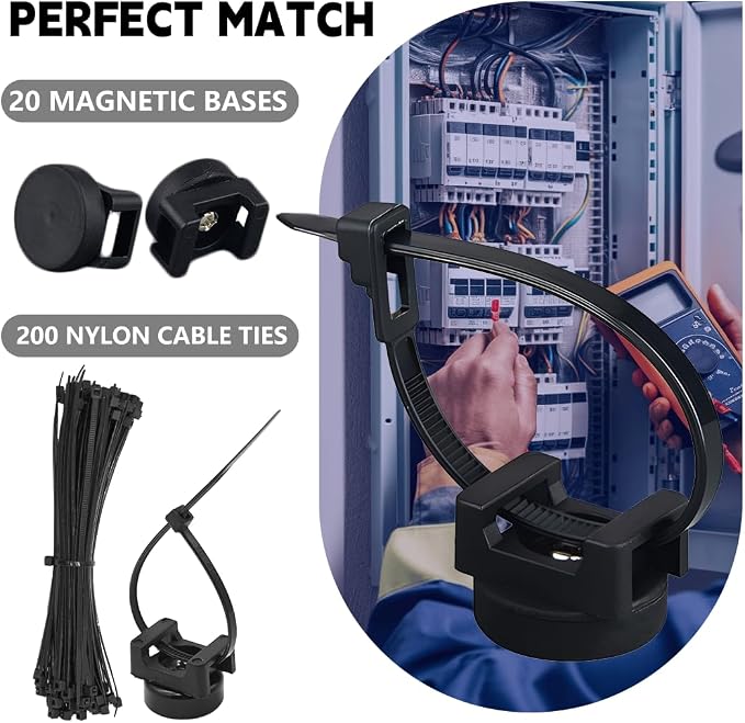 20PCS Magnetic Zip Tie Mount, Multipurpose Magnetic Cable Management Mount, 20 Mounts and 200 High Strength Nylon Cable Ties, Supplies for Organizing Cables and Wires (Vertical Load 7.5lbs)