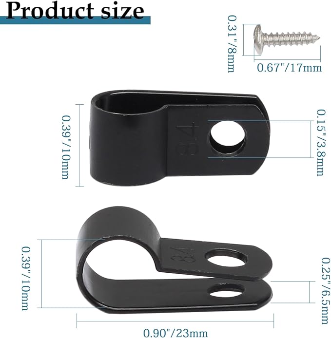50 Pcs 1/3 Inch Black Nylon Cable Clip Wire Clamp, R-type | 8.4mm, Screw Mounting, Wire Management, Stainless Steel Screws Included