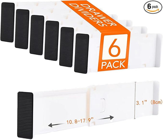 6-Pack Adjustable Drawer Dividers (10.8"-17.9"), 3.1" High Expandable Organizers for Baby Nursery, Bathroom Vanity, Desk & Junk Drawers - Non-Slip Locked Separation
