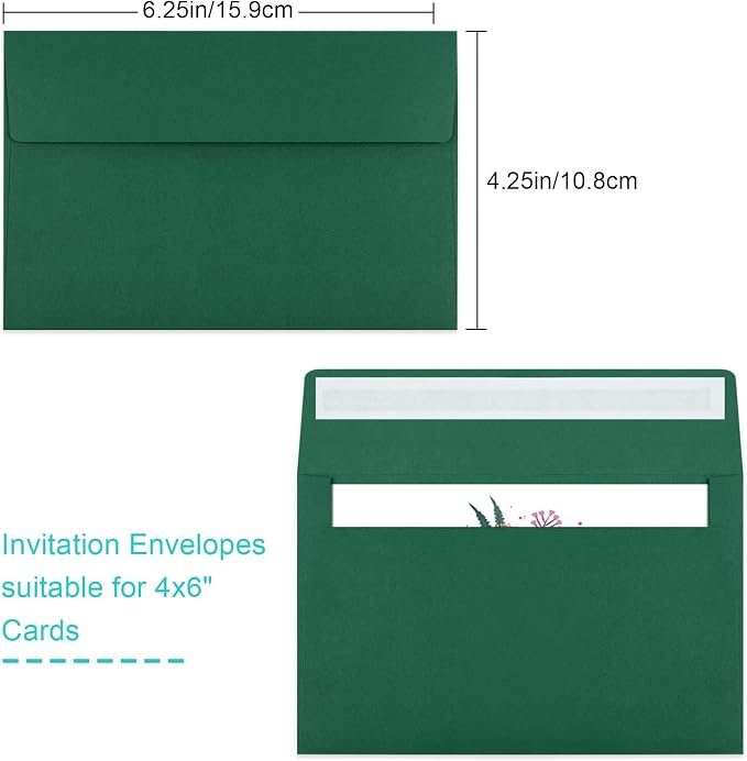 65 Packs 4x6 Envelopes A4 for Invitations, Printable Envelope Self Seal For Weddings, Invitations, Photos, Greeting Cards, Mailing (Dark Green)