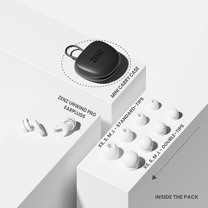 Zenz Unwind Pro Ear Plugs for Sleeping Noise Reduction – Soft Silicone Reusable Earplugs for Sleep, Focus & Work – 35dB Noise Reduction with Storage Case – XS/S/M/L Eartips (Glacier White, One Size)