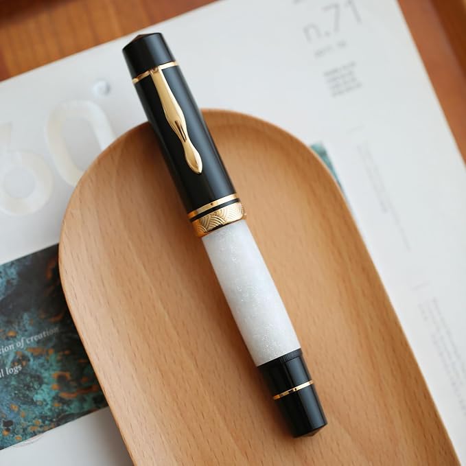 erofa Majohn P139 Piston Resin Fountain Pen Medium Nib with Box, Brass Piston System Large Capacity Writing Pen, Black White