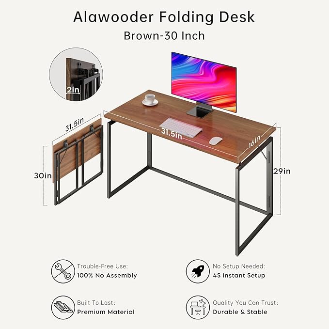 Folding Desk - 31.5" Wood Top Foldable Desk for Small Spaces | No Assembly Required Compact Desk for Home Office, Writing, and Study