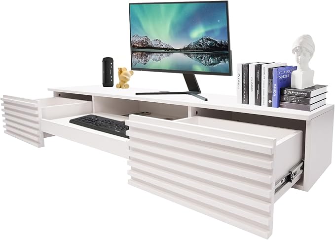 Floating Desk 60'' Wall Mounted Computer Desk with 2 Drawer & Keyboard Tray Home Office Desk Workstation, Cable Hole, Laptop PC Table for Living Room, Bedroom, Office, White