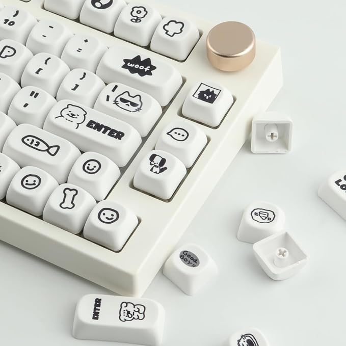 Sunzit PBT MOA Keycaps, Cute White Keycaps, 131 Keys, Dye-Sublimation Custom Keyboard Keycap Set for 61/64/68/84/87/100/104/108 Cherry MX Mechanical Keyboard, Cat and Dog