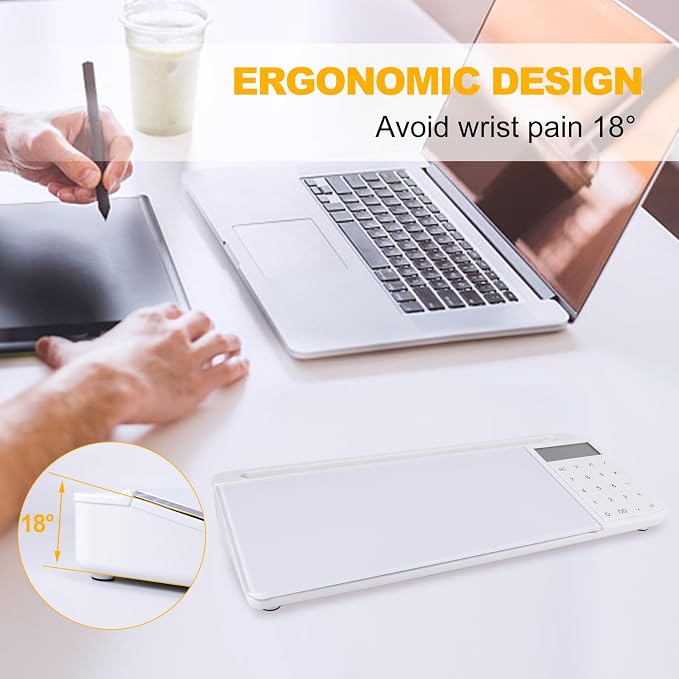 Small Glass Desktop Whiteboard Dry Erase Board with Calculator - Desktop White Board Storage Memo Notepad Computer Keyboard Stand Organizers with Accessories Markers, Eraser for Office, Home, School