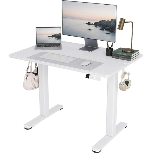Claiks Electric Standing Desk, 40x24 Inch, White | Adjustable height for sit-stand, 156lbs capacity, scratch-resistant surface, 3 memory presets, cable management & hook.