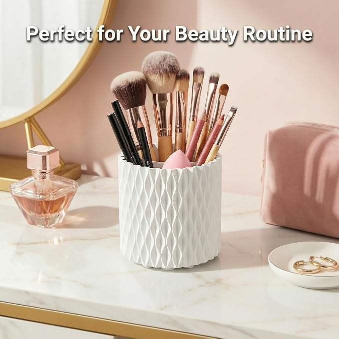 White Pen Holder for Desk, 360° Rotating Pencil Organizer, 5 Slots | Spinning multi-use organizer holds pens, makeup brushes, art supplies & markers — desk caddy for office, classroom or vanity