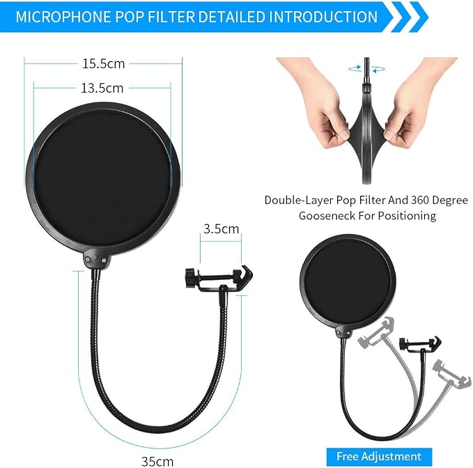 Microphone Floor Stand for Blue Yeti, Nano, Snowball, HyperX,Razer,Logitech USB and Condenser Mic,Adjustable Boom Arm Stand with 1/4'' Thread and 3/8" 5/8" Adapter, Pop Filter, Mic Clip, Cable Ties