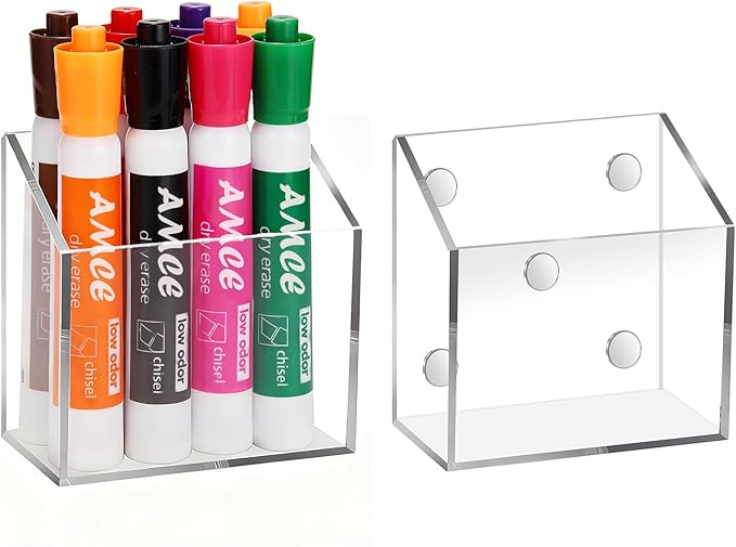 Ameceres Magnetic Pen Holder Classroom Organization Acrylic Marker Holder for Whiteboard Refrigerator Locker Accessories Pencil Dry Erase Marker Basket (1 Compartment * 2)