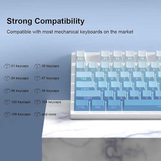 PBT Keycaps-Side Print Key Cap Set, Double Shot Shine Through Custom Key caps, Cherry Profile 133 Keys for Mechanical Keyboards Gradient Blue (Gradient Blue)