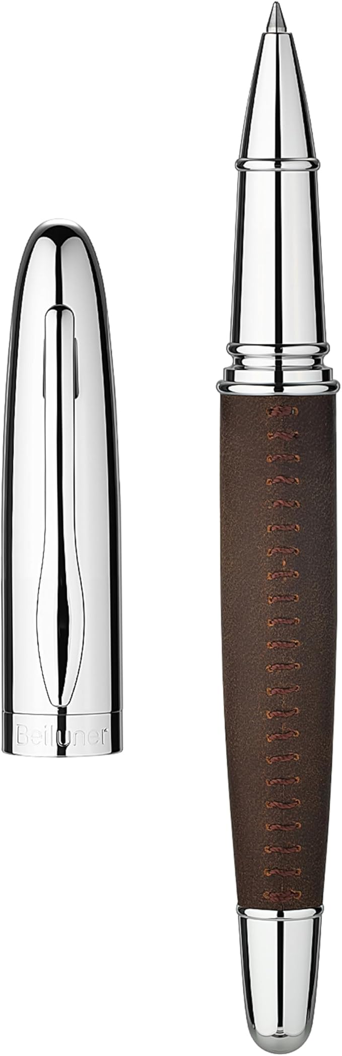 BEILUNER 318 Luxury Leather Pen, Full Grain Oil Tan Crazy Horse Cowhide Leather, Chrome-Plated Finish, Smooth Black Ink Refill, Best Rollerball Gift for Men & Women,Executive, Professional, Nice Pens