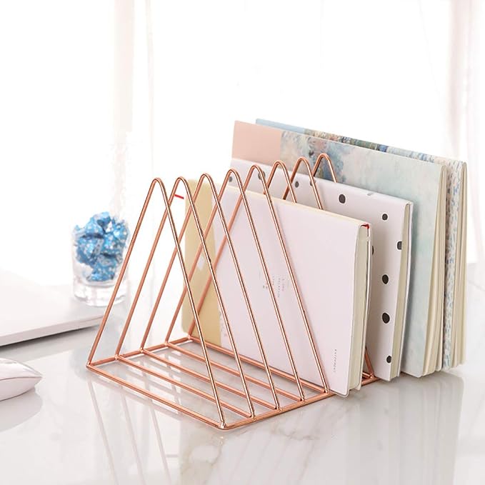 Sooyee 2 Pack Rose Gold Magazine Holder, 9 Slot Desktop File Sorter | Record Holder, Book Album Display Rack, Desktop File Sorter Organizer, Triangle Bookshelf Decor for Home Office
