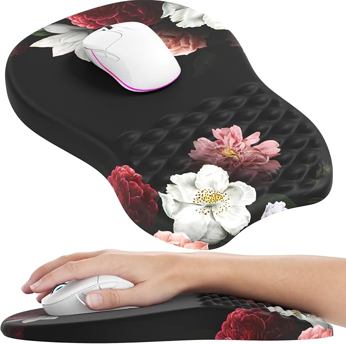 MROCO Ergonomic Mouse Pad with Wrist Support, 11.8 x 7.8 in, Black Flower | Memory Foam Wrist Rest Mouse Pad, Non-Slip Base, Smooth Lycra Surface for Office & Home, Comfortable Wrist Support