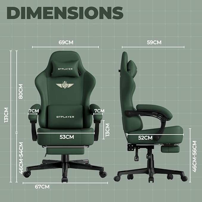 GTPLAYER Big and Tall Gaming Chair 400lbs Heavy Duty Office Chair with Footrest, High Back Pocket Spring Ergonomic Computer Chair for Adults, Wide Seated Cushion with Linkage Armrests, Leather Green
