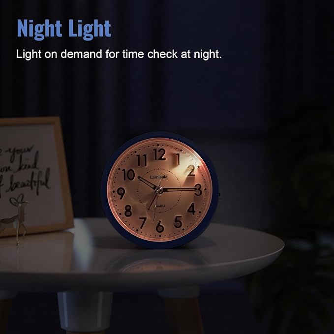 Lamisola 4 Inch Alarm Clock for Bedrooms, Small Analog Desk Clock, Blue | Battery Operated Bedside Clock for Bedroom Bathroom Home Nightstand Shelf, Night Light Snooze, Minimalist Clocks for Seniors