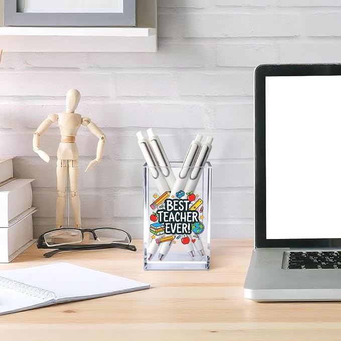 Best Teacher Ever Acrylic Pencil Holder for Desk, Teacher Appreciation Gifts for Women Men, End of School Year & Back to School Gifts, Colorful Teacher Desk Organizer Decor for Office Classroom