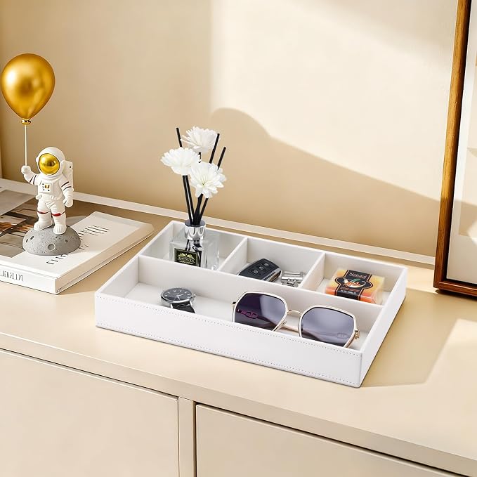 PU Leather Desk Drawer Organizer, 4 Compartment Office Supplies Stationery Storage Tray, Desk Organizers and Accessories Drawer Organizer Tray for Home, Makeup, Jewelry Stackable White