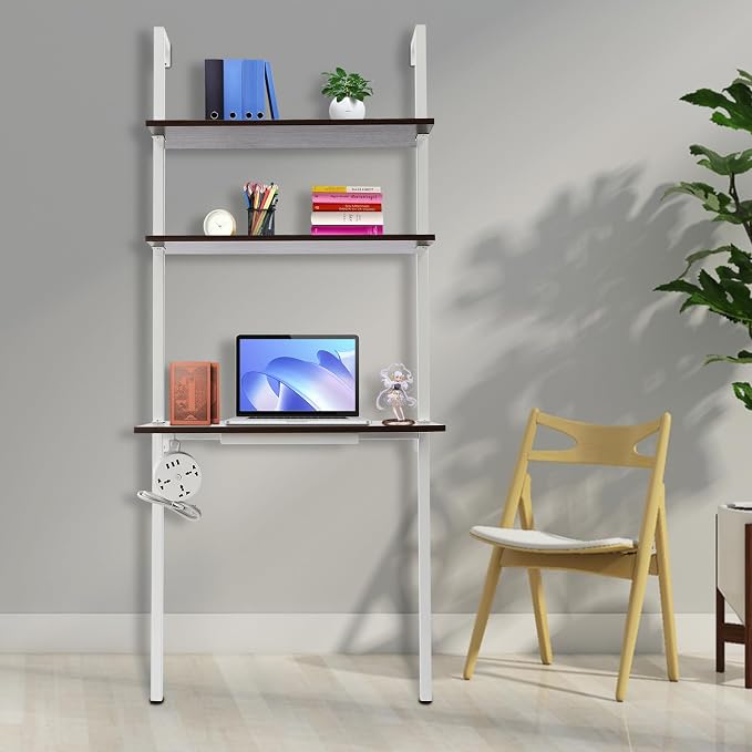 Wall Mount Desk 3 Tiers Wall Table Wall Mount Computer Writing Table Industrial Bookcase Desk Brown and White for Homes Office School