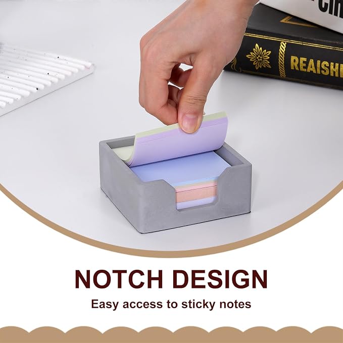 Concrete Sticky Note Holder for 3x3 Inch Notes - Cement Self-Stick Note Memo Pad Holder Notepad Dispenser Organizer - Modern Desk Accessory for Office & Home, Gray