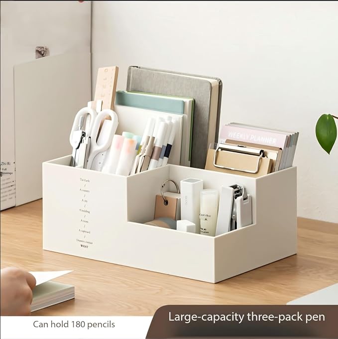 Jekelife Desktop Storage Organizer,3 Compartment Multi-Grid Desk Container,Open Wide Opening Hard Thickened Pen Holder for Office Stationery,Home Small Item, School Supplies Organization White