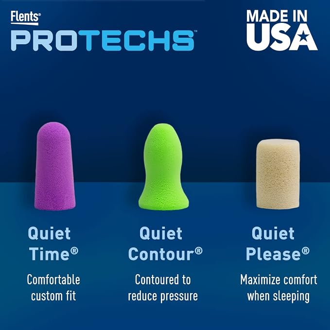 Flents Protechs Foam Ear Plugs, 10 Pair with Case for Sleeping, Snoring, Loud Noise, Traveling, Concerts, Construction, Studying, Work, Shooting, NRR 33, Purple,Disposable, Made in the USA (Pack of 2)