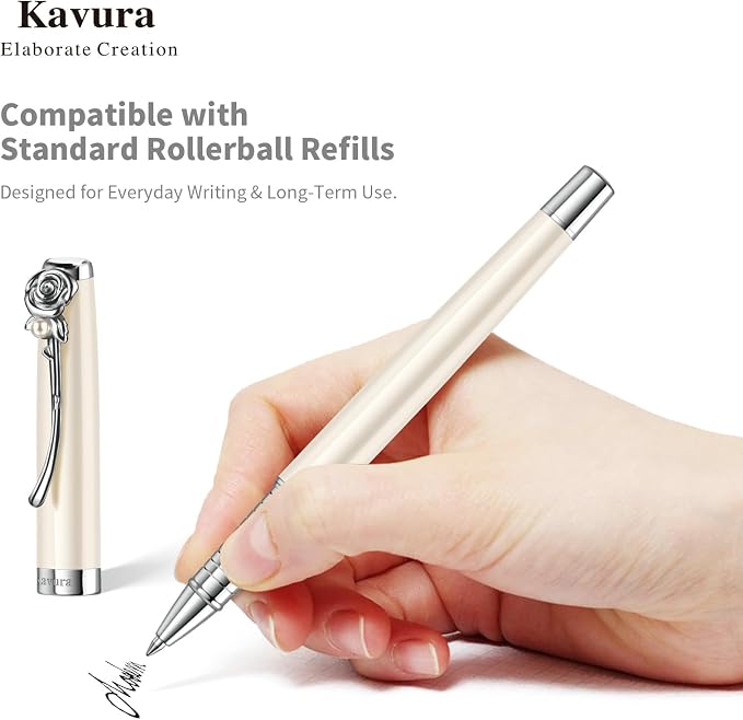Rose & Pearl Rollerball Pen – Luxury Brass Pen Gift Set for Women, Jewelry-Inspired Design, Glossy Finish, with German Refill, Romantic Gift for Her, Anniversary & Valentine’s Day (Pearl White)