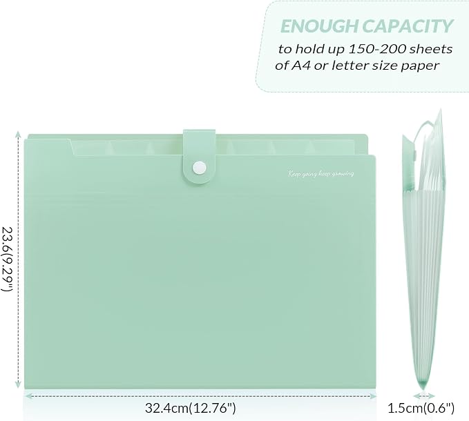 SKYDUE Accordion File Organizer, Expanding File Folder with 8 Pockets, Expandable Document Paper Receipt Organizer, Letter/A4 Size Filing Folder School Office Supplies Turquoise Green