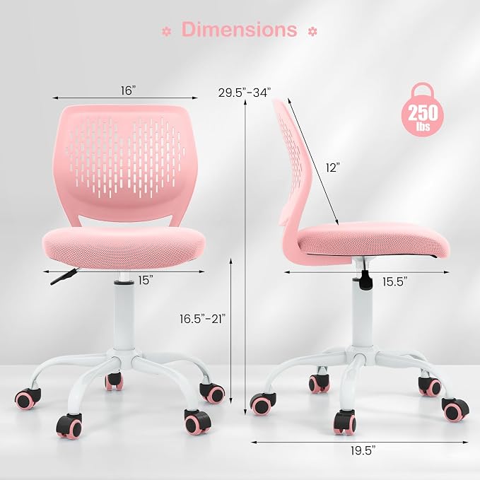 Giantex Kids Desk Chair, Adjustable Children Study Chair, Swivel Armless Mesh Task Office Chair, Computer Desk Chair with Adjustable Height & Lumbar Support, Pink