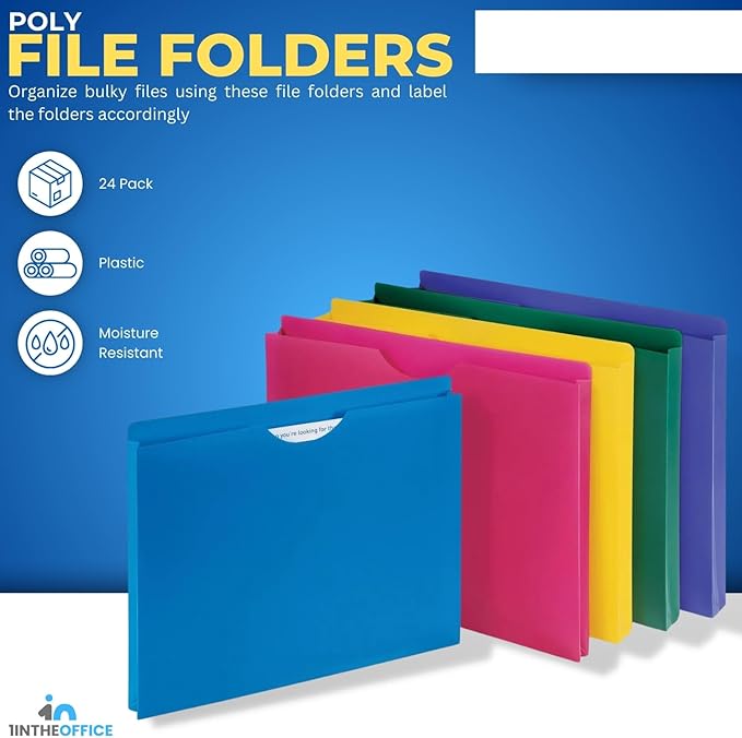 1InTheOffice Poly File Jacket File Folder, Letter 1" Expanding File Jacket, 20-Pack, Assorted