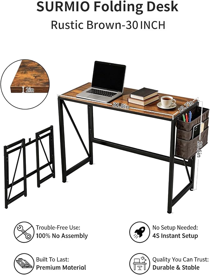 Elephance Modern Foldable Writing Computer Desk for Home Office, No-Assembly Study Office Desk Table for Small Spaces, Rustic Brown, 31.5 Inch
