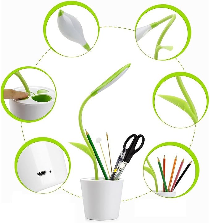 Flexible USB Touch Desk Lamp, Flexible Neck LED Desk Lamp 3 Level of Brightness Sapling Pot with Plant Pencil Holder for Office Study Reading (Dark Green)