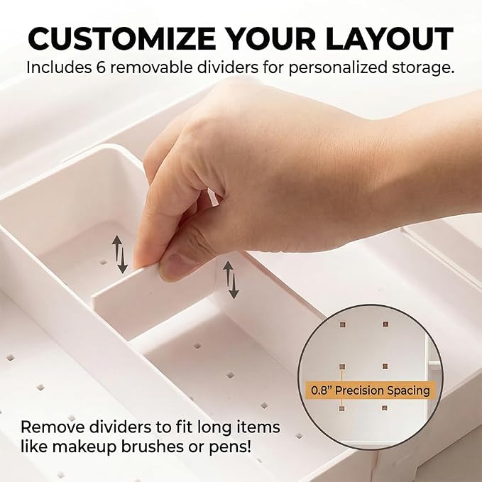 4-Way Expandable Drawer Organizer, 2.2" Low Profile Tray, White | Up to 13 compartments with 6 adjustable dividers & anti-slip pads. Ideal desk tray for office stationery & makeup vanity.