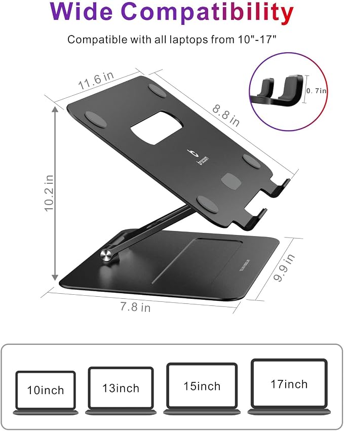 Adjustable MacBook Laptop Stand for Desk | Ergonomic Aluminum Laptop Riser with Heat-Vent, Compatible for 10-17" Laptops, Dark Black
