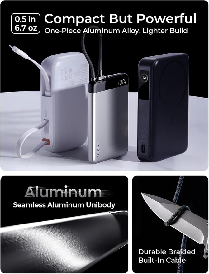 LISEN [CCC Certified] [Metal Alloy] 0.5" Ultra Slim 10000mAh Power Bank 3C, TSA Approved Airplane Travel Essentials, Portable Charger USB C Fast Charging for iPhone 17 Air 16 15 Pro Samsung Galaxy S26