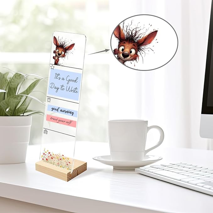 Sticky Note Holder, Monitor Memo Board, Acrylic Post It Note Holder with Wooden Base, Includes 200 Notes, Desk Organizer for Office, Rabbit Design