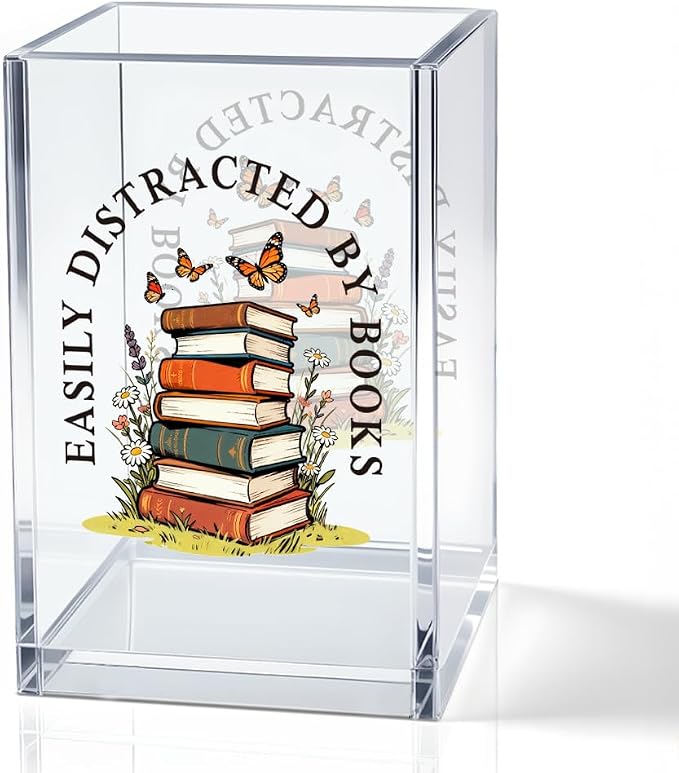 Easily Distracted By Books Acrylic Pencil Pen Holder Cup, Reading Book Club Bookmark Storage Organizer, Cute Bookish Desk Accessories Holder Gifts for Daughter Librarian Teacher Book Lover