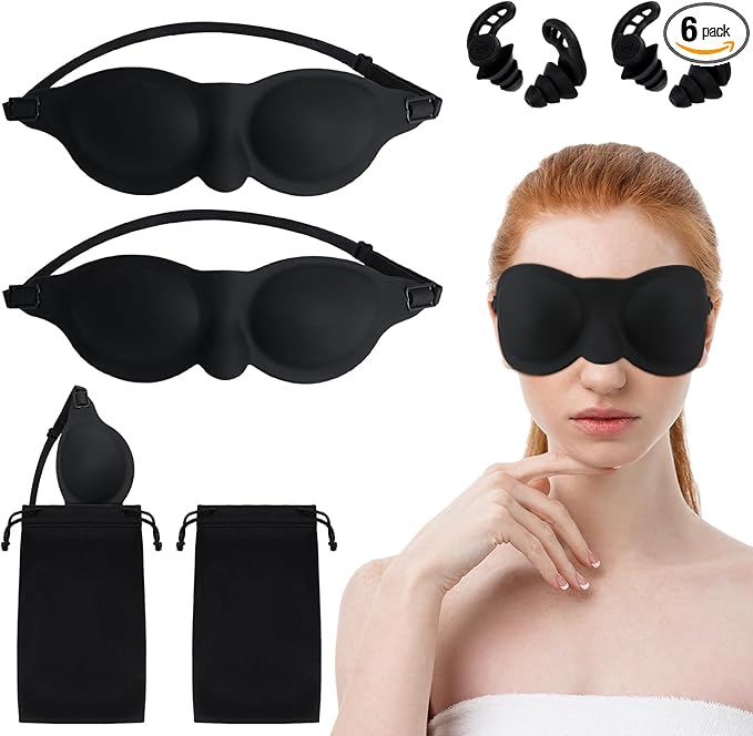 6 Pcs Black Moisture Chamber Glasses for Dry Eyes Silicone Sleep Goggles Reusable Silicone Earplugs with Storage Bags for Sleeping Noise Reduction Deep Focus Travel