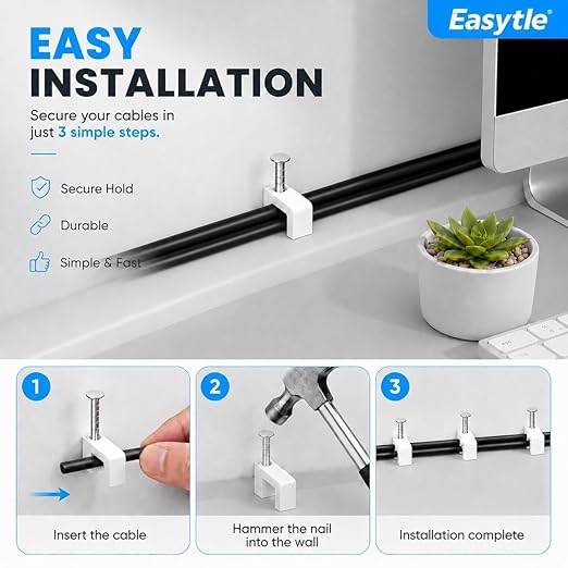 Cable Clips Nail in Cable Clips 100 Pcs 8mm Flat Ethernet Cable Wall Clips Cable Tacks Coax Cable Clip Speaker Wire Clips Cable Nails for Cords Cat5/Cat5e/Cat6/Cat7 RJ45 Cord Clips